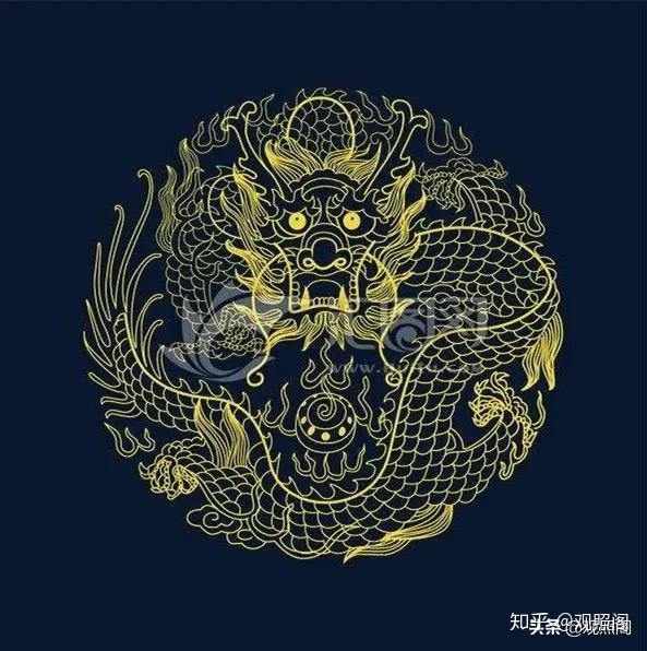 传统金龙圆形纹饰：盘绕成圆的金色神龙，象征华夏文化的永恒与威严