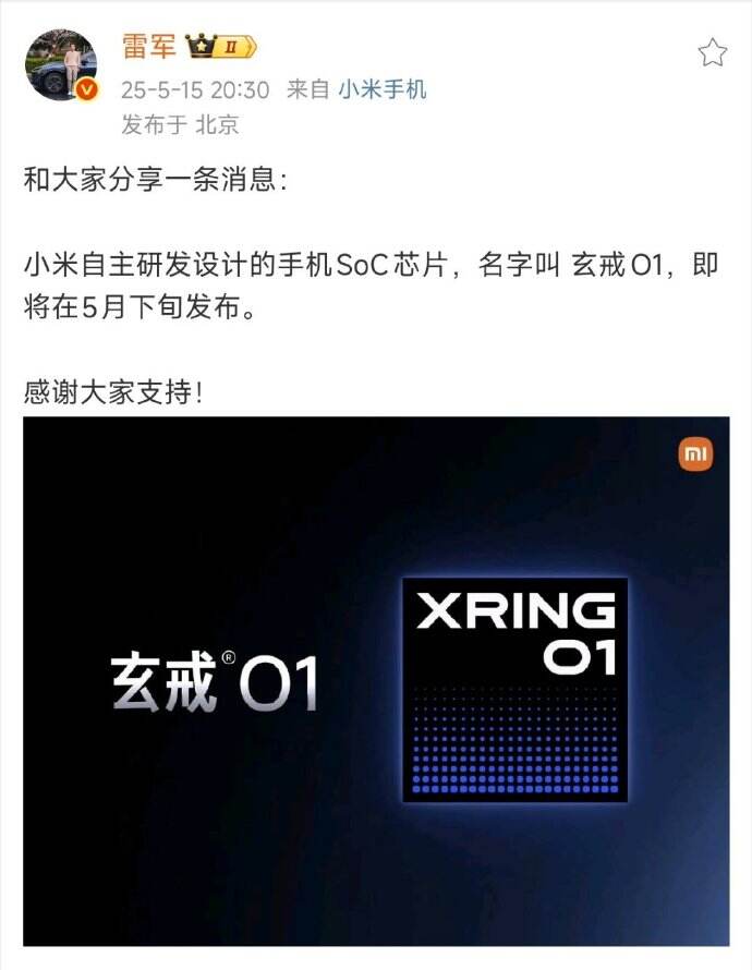 小米钻戒O1芯片